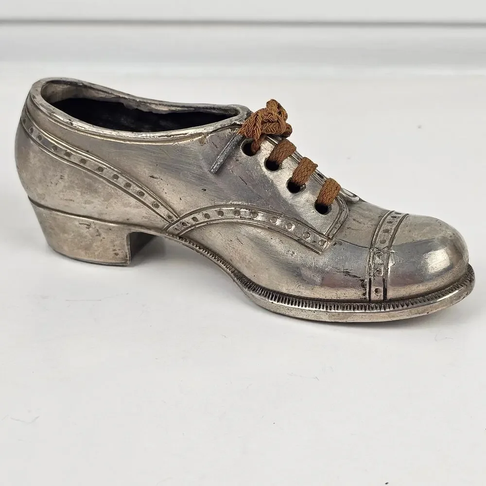 VTG silver tone metal laced up mini Oxford shoe pincushion base